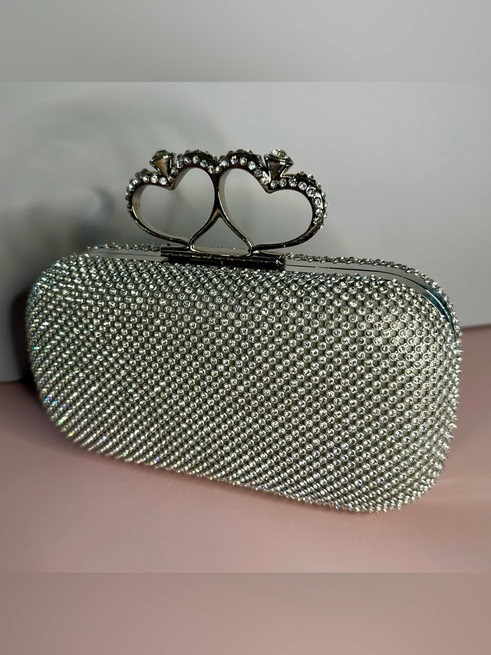 Silver Rhinestone Clutch Heart Clasp Crystal Evening Bag Wedding Prom Formal - Picture 8 of 15
